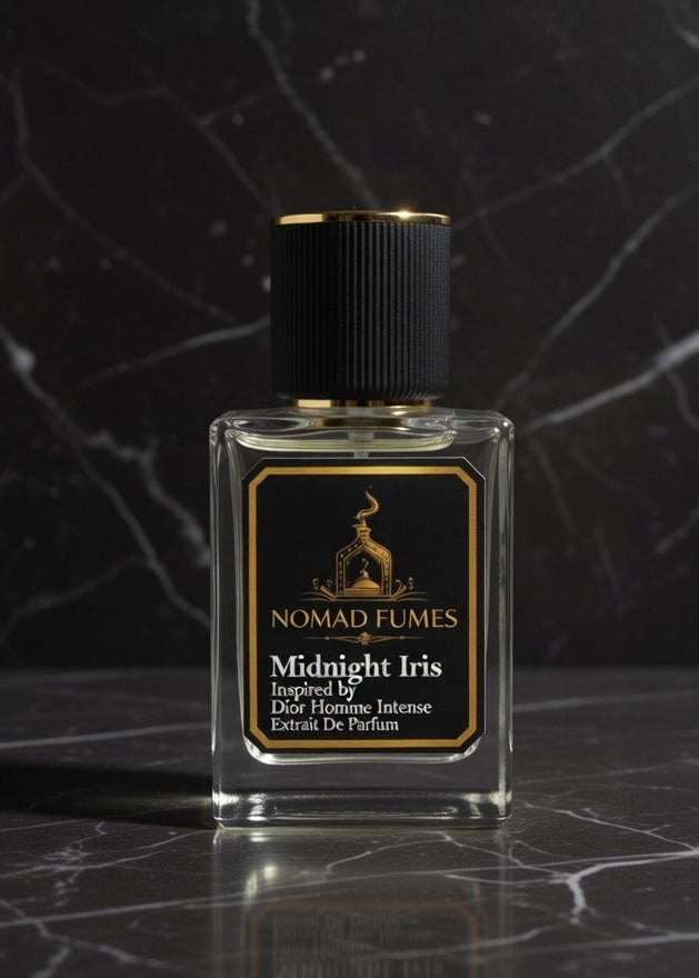 Perfume bottle labeled 'Nomad Fumes Midnight Iris' on a dark marble surface with a dark marble background.