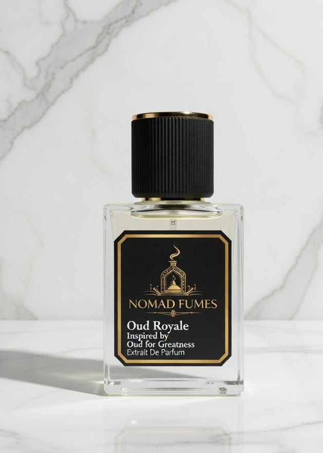 Perfume bottle labeled 'Nomad Fumes Oud Royale' on a marble background