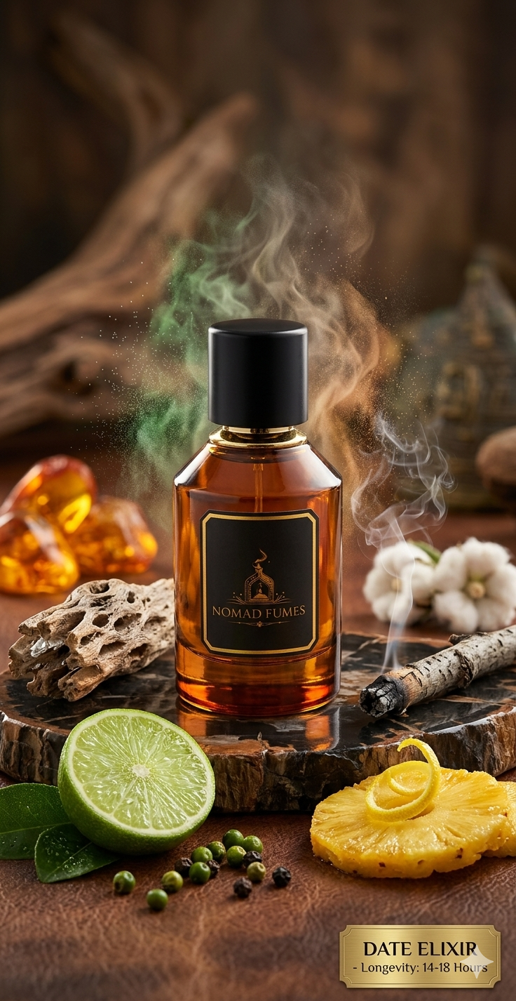 Close-up of Nomad Fumes Date Elixir bottle with amber-colored liquid and elegant label, showcasing natural date extract.