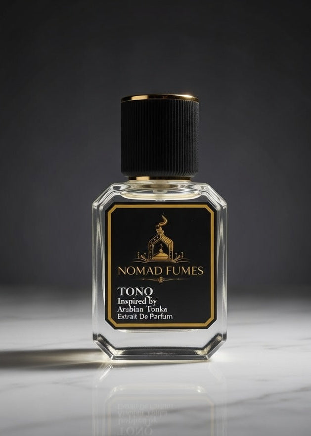 Perfume bottle with 'Nomad Fumes' label on a dark background