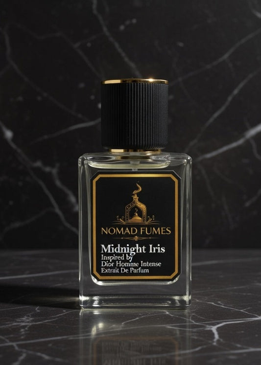 Perfume bottle labeled 'Nomad Fumes Midnight Iris' on a dark marble surface with a dark marble background.