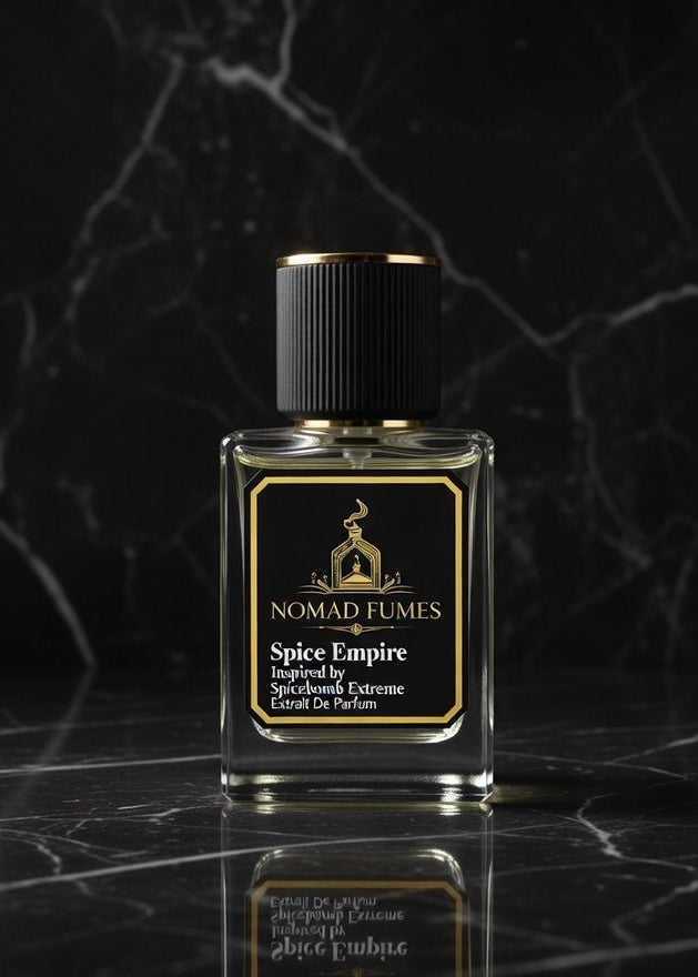 Perfume bottle labeled 'Nomad Fumes' on a dark marble surface