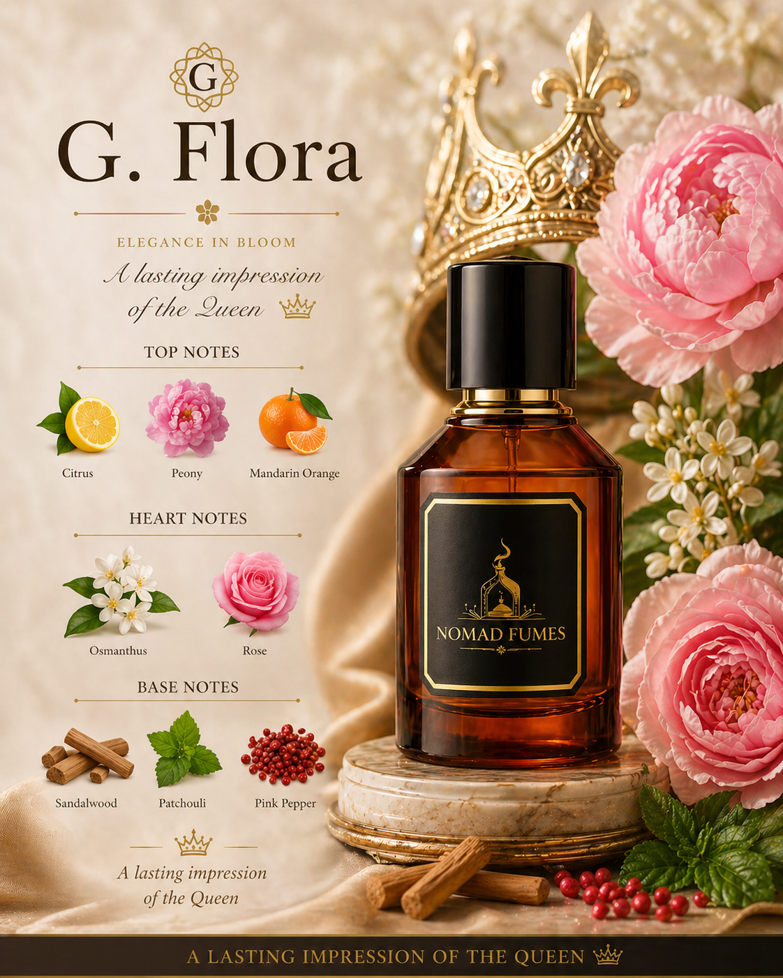 G-Flora by Nomad Fumes, vibrant herbal supplement packaging with colorful floral design, displayed on a white background.