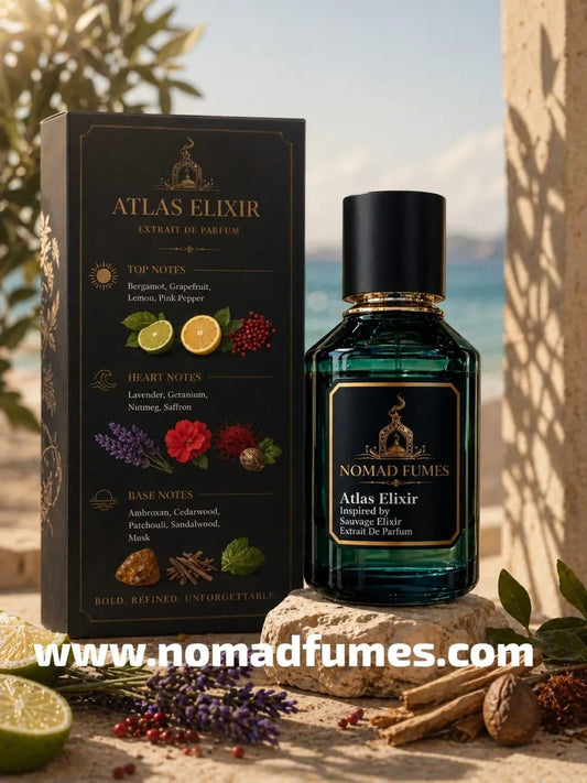 Altas Elixir by Nomad Fumes featuring a sleek bottle design with intricate label details on a neutral background.